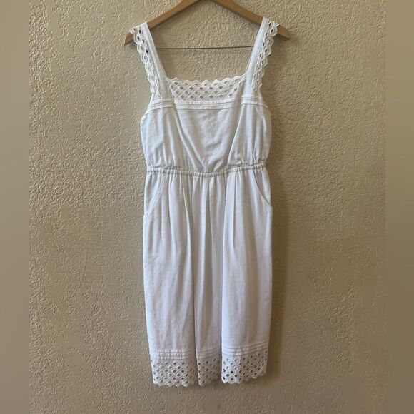 Maeve Eyelet Lace Trimmed Sundress Sz Small White Square Neck Pockets Lined - Picture 3 of 11